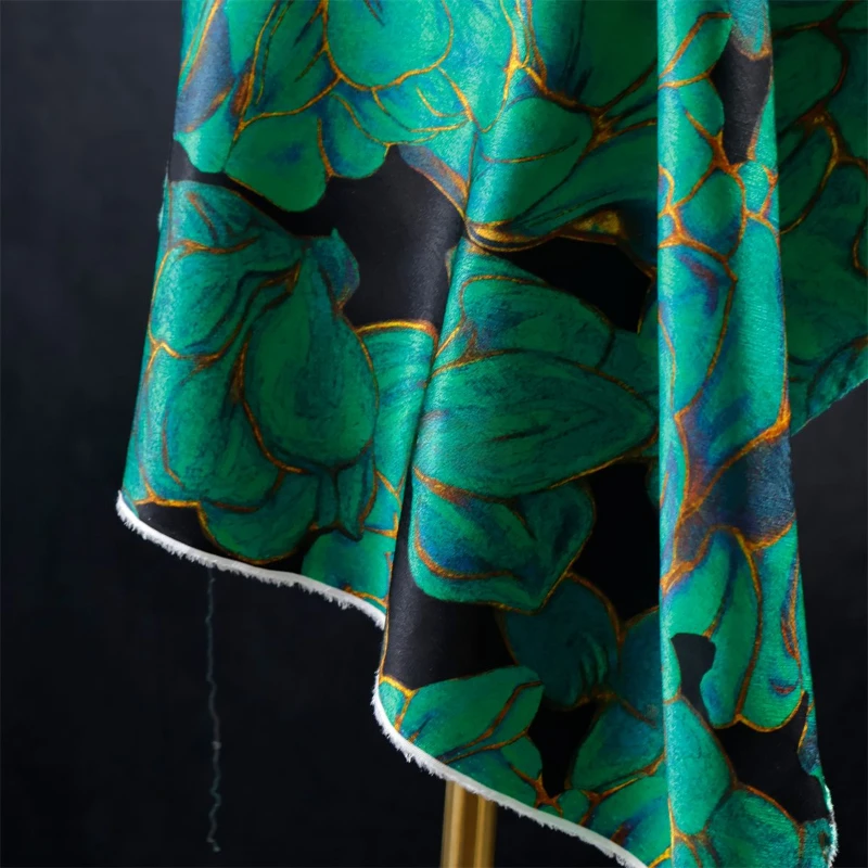 

Chinese Style 19mm Black Base Emerald Green Gold Jade Orchid Fabric Qipao Skirt Dress Fabric
