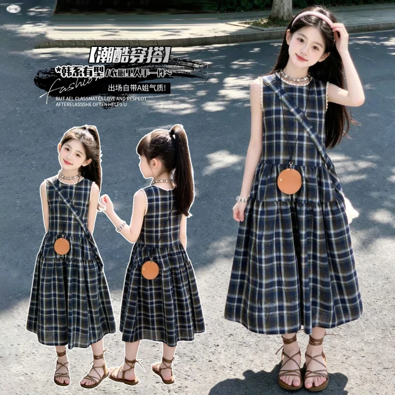 Super cute dress for girls, children's summer wear, cool and stylish plaid dress, super fairy princess tank dress for older chil