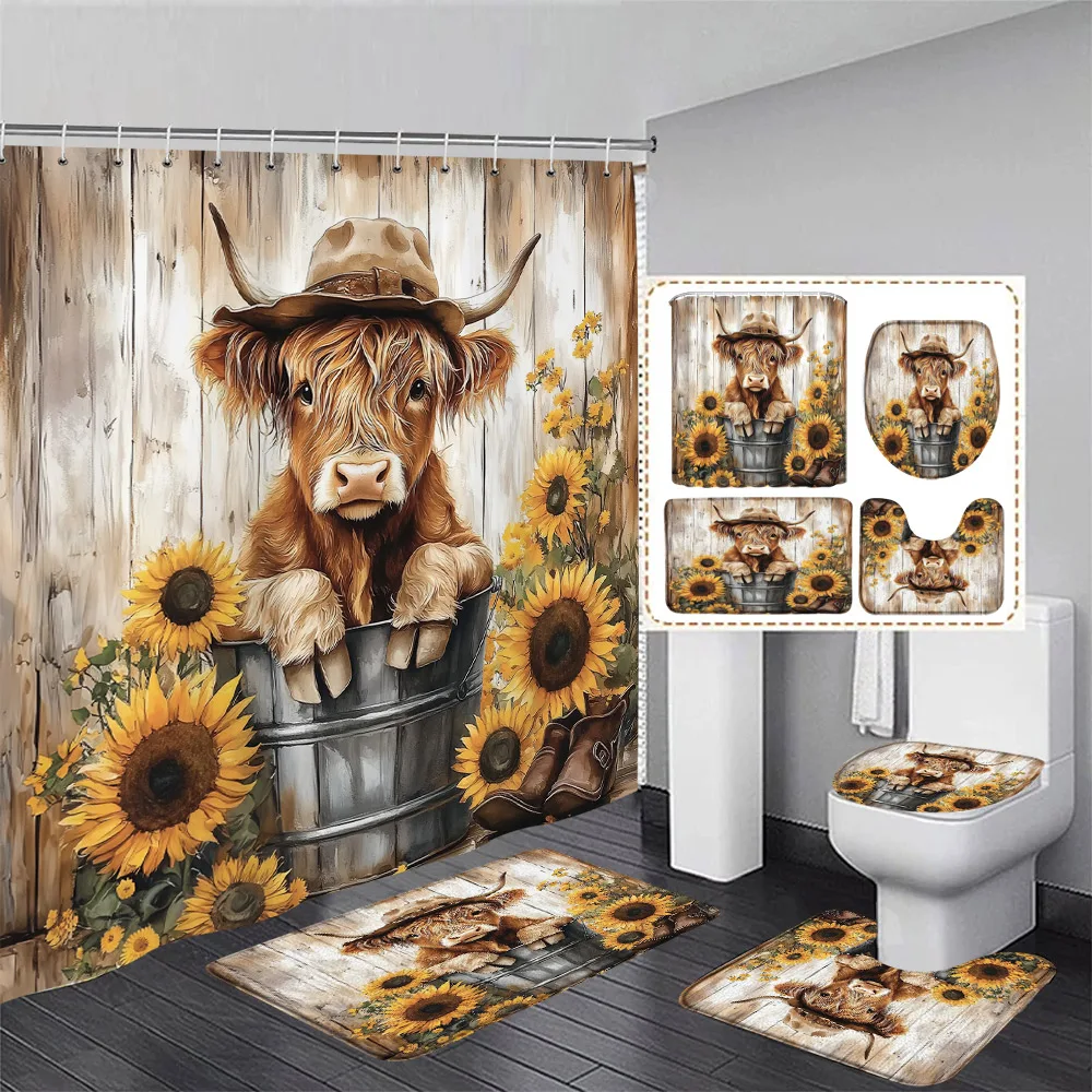 

Забавный набор занавесок для душа с хайлендским рогатом, коричневая доска, подсолнухи, цветы, сельскохозяйственные животные, домашний декор для ванной комнаты, коврики для ванной, чехол для унитаза