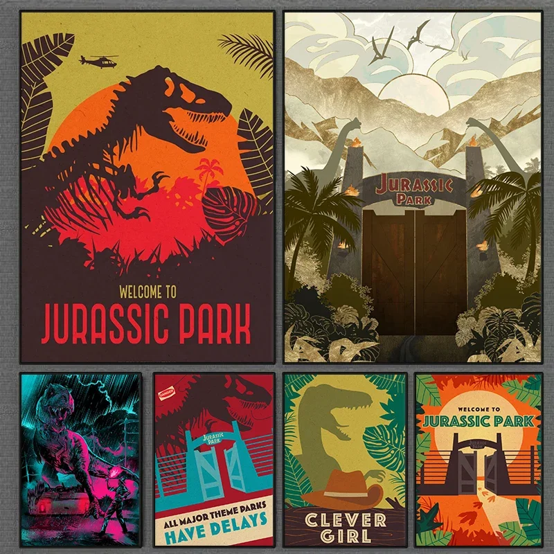 Póster de película del mundo de dinosaurios de Parque Jurásico, ilustraciones Retro, pintura en lienzo impresa, imágenes artísticas de pared, sala de estar, Bar, decoración del hogar
