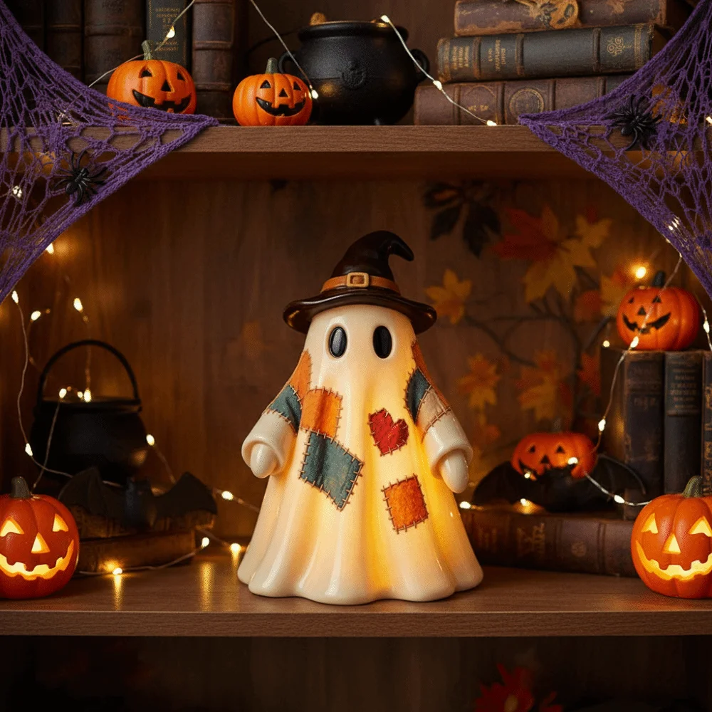 Resin Made Patchwork Ghost Light Lightweight 3D Shaped Ghost Pumpkin Lantern Button Cell Battery Operated Exquisite Detail