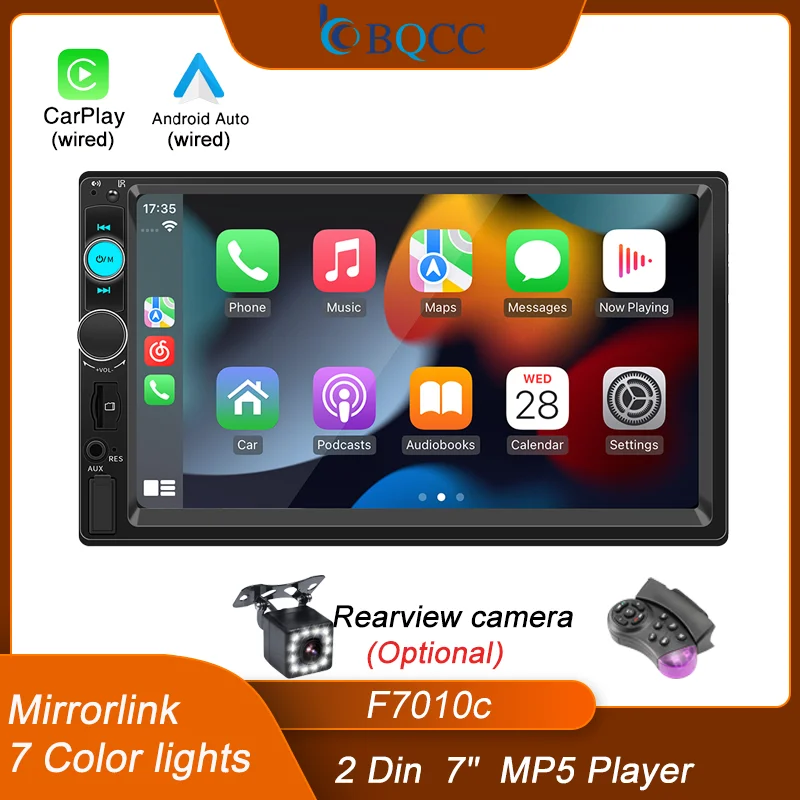 

BQCC 2 Din 7" Universal Car MP5 Radio Wired Android Auto Carplay FM USB BT Auto Stereo Mirrorlink Colorful Lights AUX Multimedia