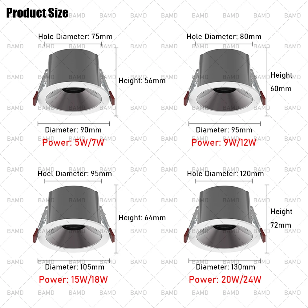 BAMD-Luz LED empotrada de techo para dormitorio, lámparas de iluminación interior de aluminio, 7W, 15W, AC90 ~ 260V