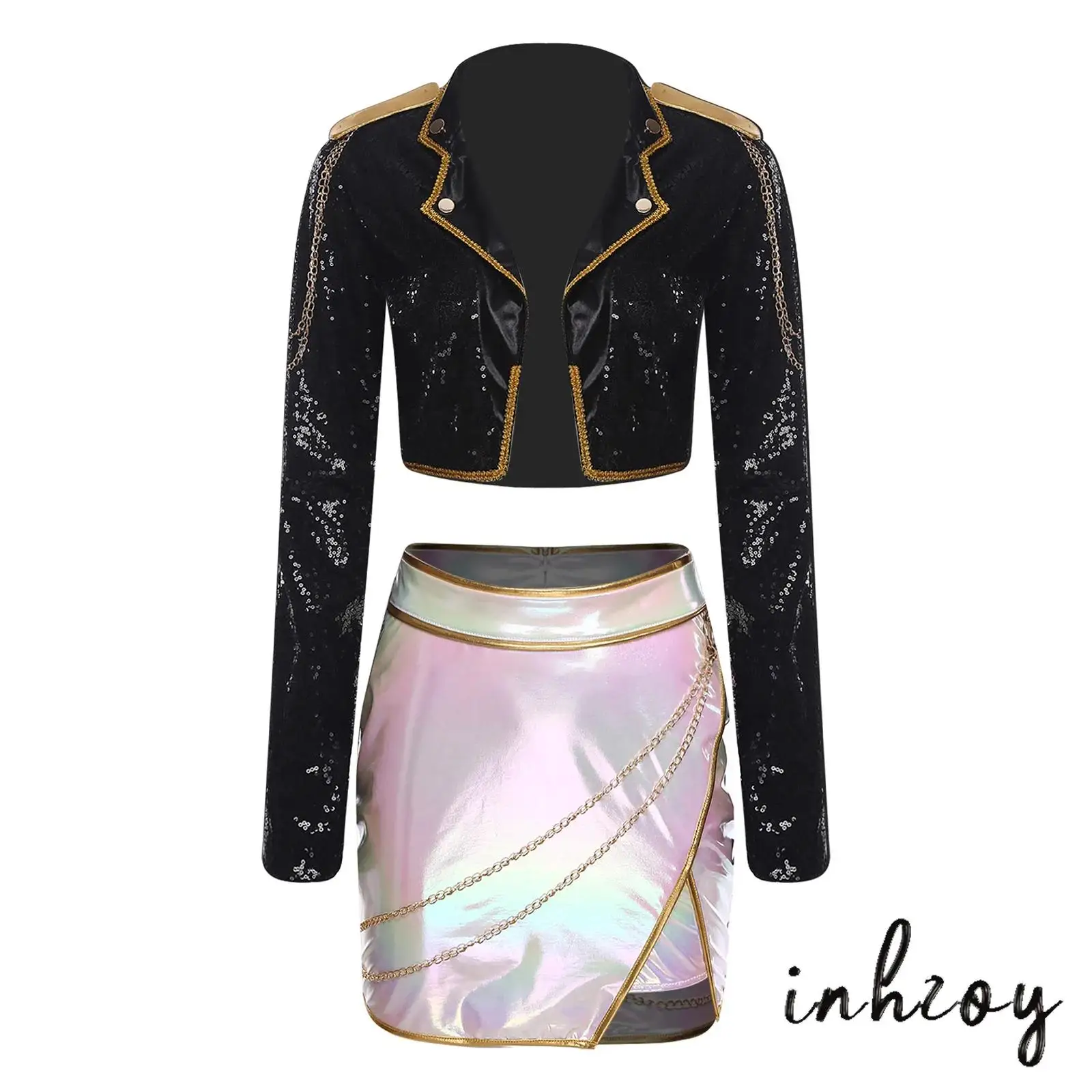 

Womens Kpop Singer Outfit Metal Chain Decor Open Front Cardigan Cropped Jackets with Miniskirt for Christmas Halloween Cosplay