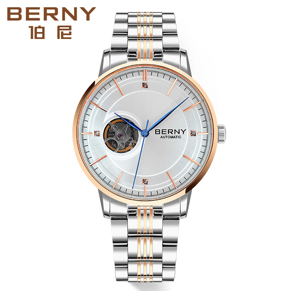 BERNY Men Mechanical Wristwatch Skeleton Luxury Sapphire BERNY NH38 Movt Dress Clock Exhibition Back Cover Automatic Watch for