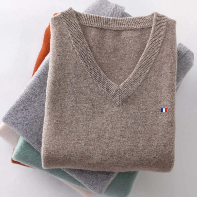 Hot Sale Men Sweater V-neck Long Sleeve Pullovers Solid Color Clothes Male Cashmere Knitting Jumpers Sweatshirt Casual Tops