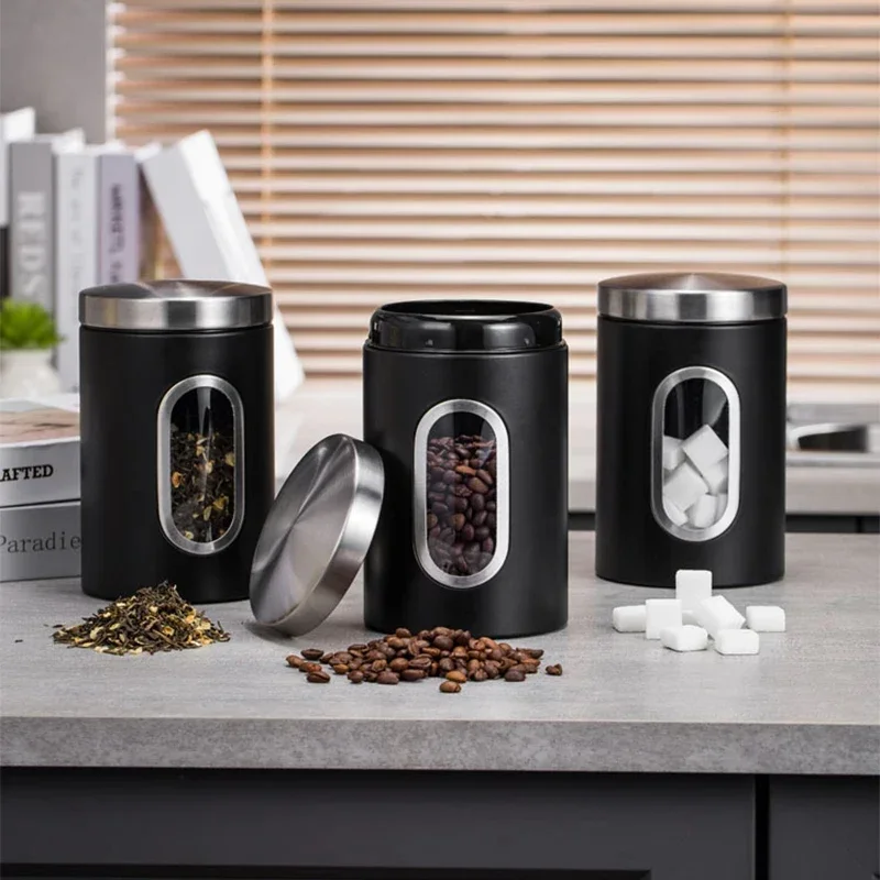 Tea Coffee Sugar 3Pcs/set Canisters Storage Kitchen Stainless Steel Containers Kitchen Storage Tea Cans Nut Snacks Sealed