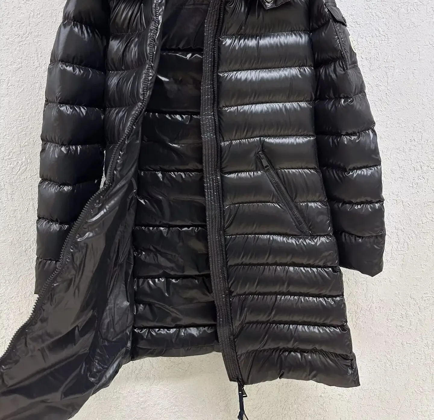 남녀공용 블랙 롱 글로시 다운 재킷, 광택있고 따뜻한 롱 후드 하이엔드 다운 재킷, 가을과 겨울용