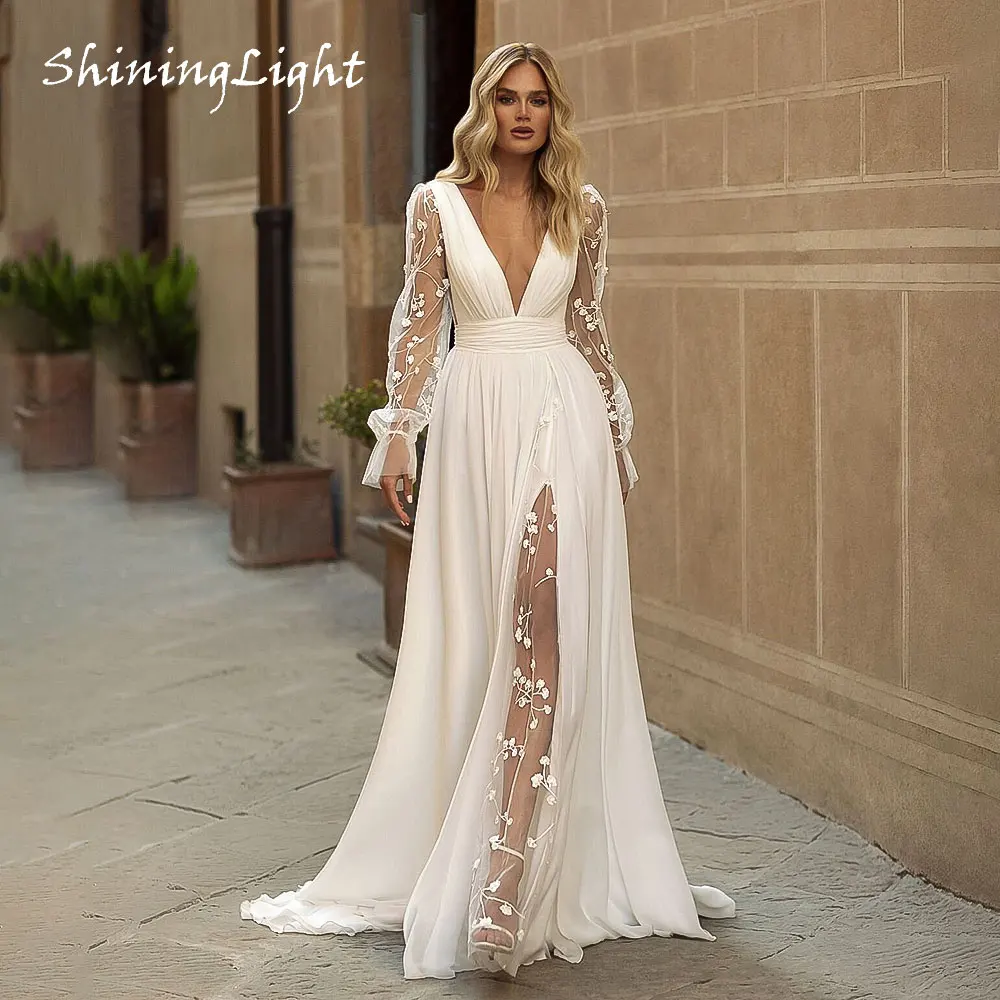 

ShiningLight Chiffon A-Line Wedding Dresses Deep V Neck Long Sleeves Boho Beach Bridal Gowns Backless Sweep Train Customized