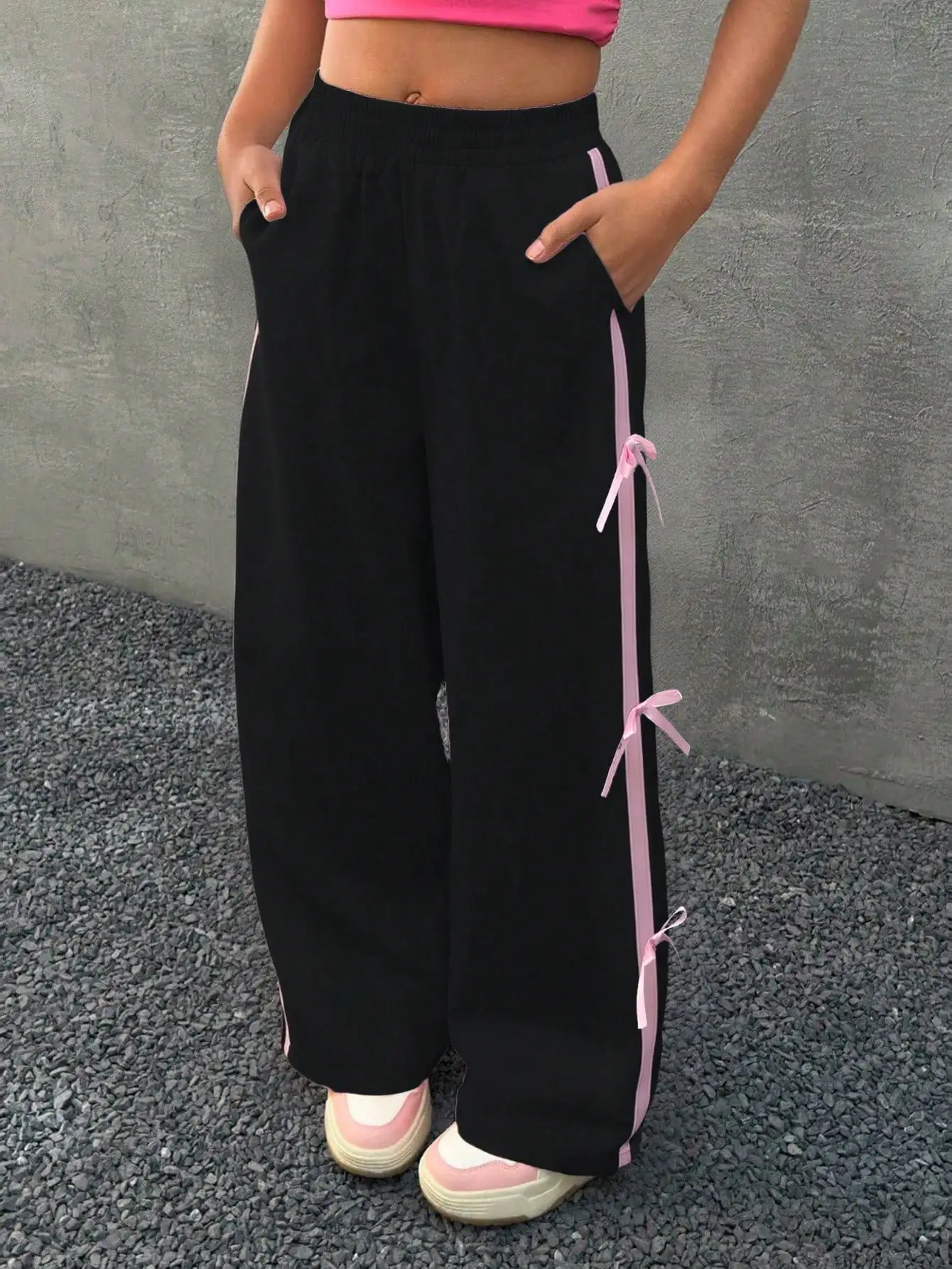 

Black Wide Leg Pants with Pink Ribbon Ties and Pockets for Girls