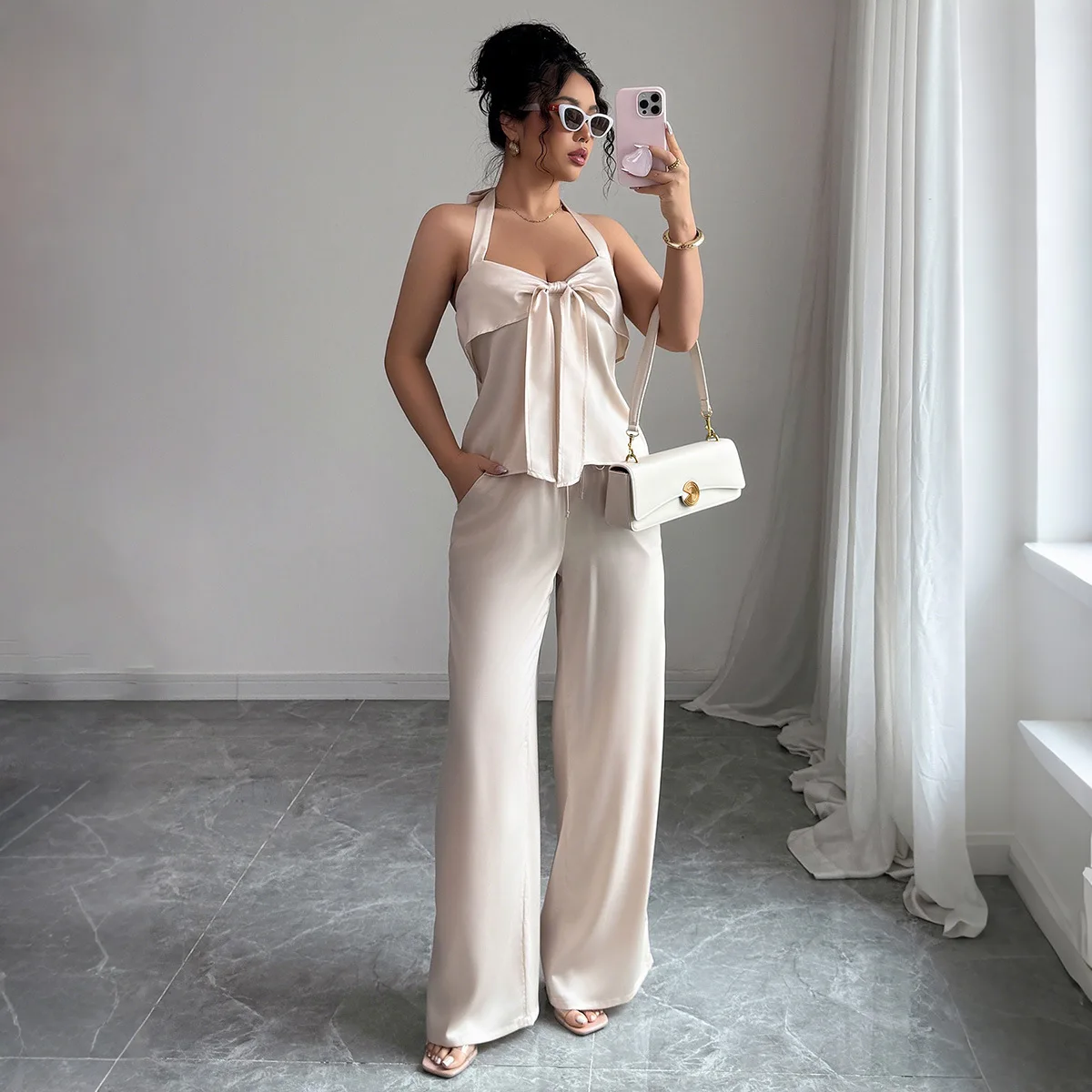 

European and American Spring and Summer Elegant Style Hanging Neck Vest Straight Leg Pants Women's Suit