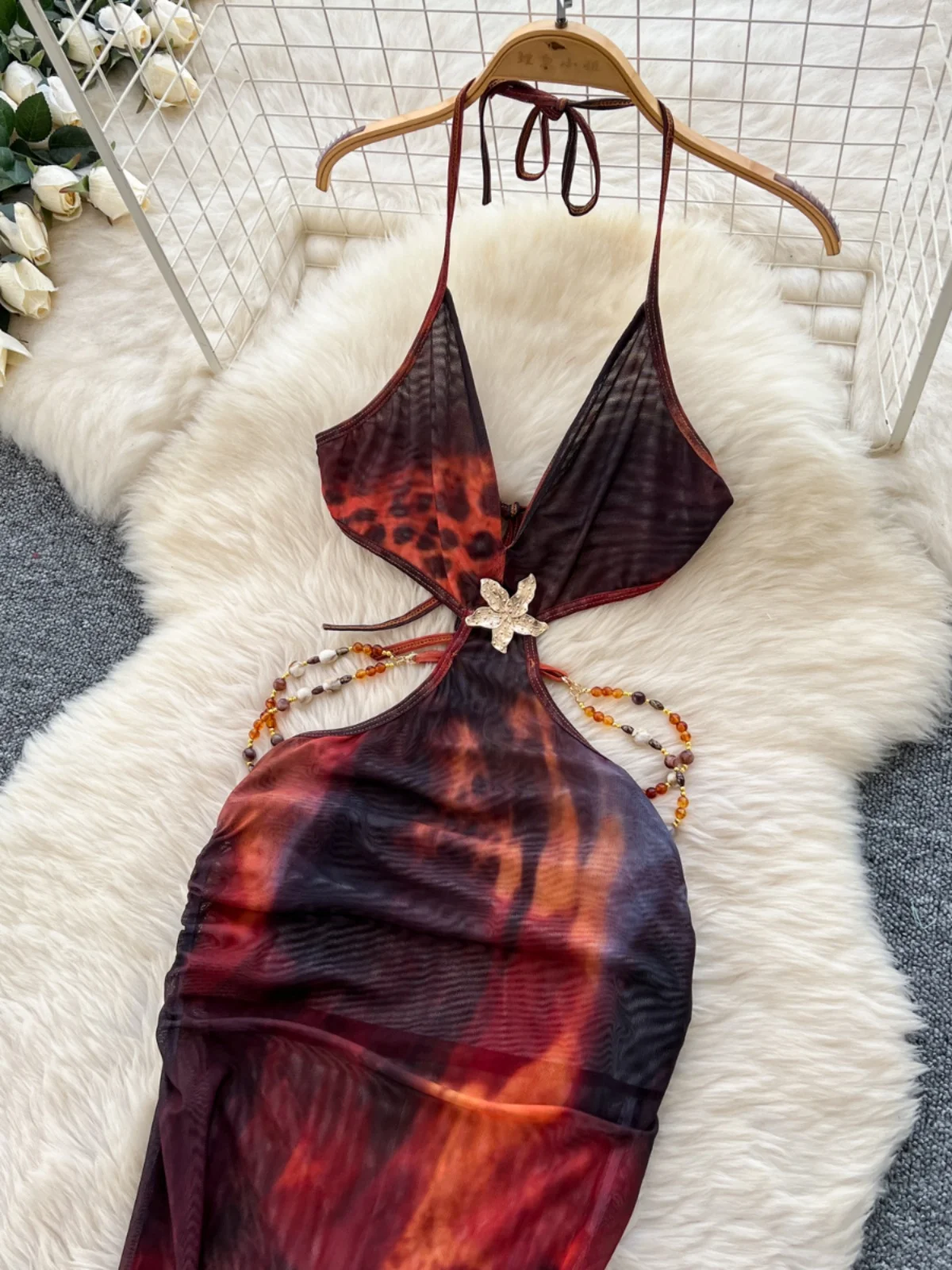 Sexy Red Brown Leopard Print Dress Women Halter Deep V Waist Cutout Side Slit Party Date Hot Girl Style Maxi Dress