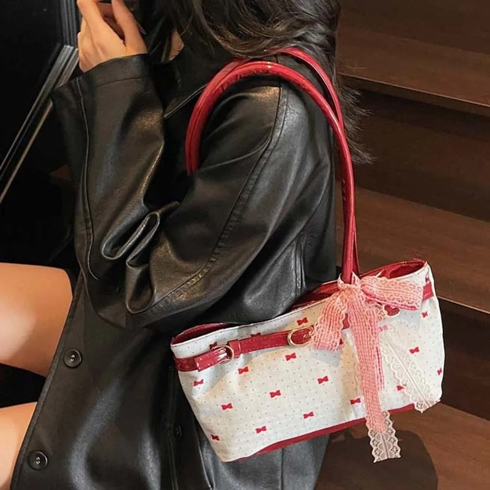 Tas Tote Prancis Manis Serbaguna dengan Pita Renda, Kapasitas Besar, Tas Tangan PU dengan Pita, Tahan Air, Warna Kontras, Tas Selempang untuk Sekolah