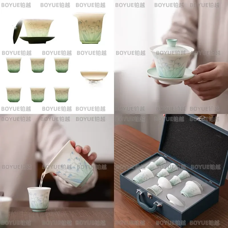 Ceramic Tea Set Lily of the Valley Gradient Green Porcelain Gaiwan Cup Gift Box Mid Autumn Festival Present