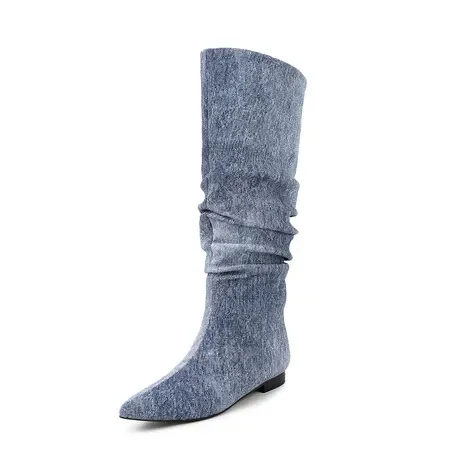 Large Size Leisure Punk Concise Pleated Slip-on Long Boots Pointed Toe Denim Boots For Women Flat Shoes Women Chelsea Boots