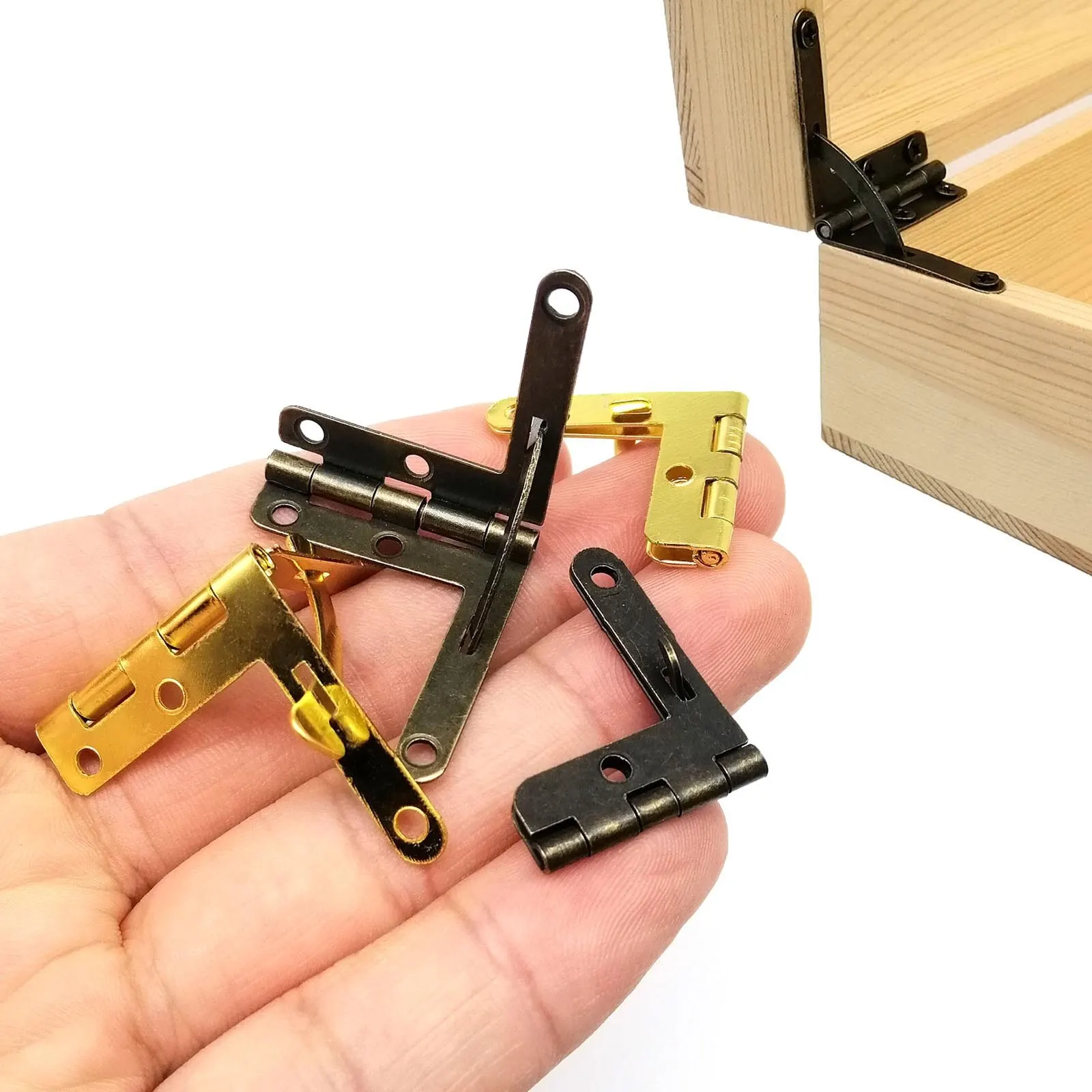 12pc Support Spring Hinge with Screw L Shape 90 Degree Golden Antique Brass Bronze for Jewelry Display Chest Wood Case Watch Box