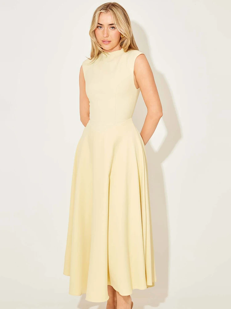 Mozision Mouwloze Hoge Taille Sexy Midi Jurk Voor Vrouwen Mode Elegante Effen Geplooide Club Party Lange Jurken Vrouwelijke Nieuw