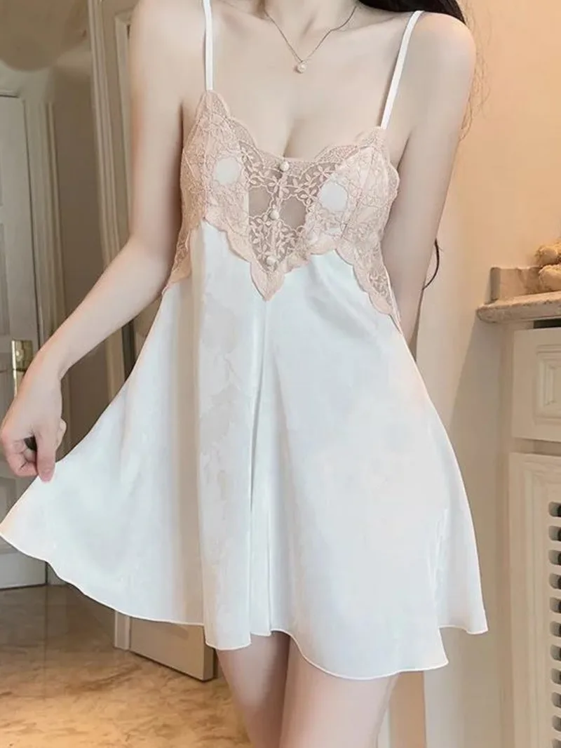 Mode Jacquard Sexy coupe basse pur désir pure dentelle évider dos nu fleur imprimé robe femmes Homewear robe charmante VOX0