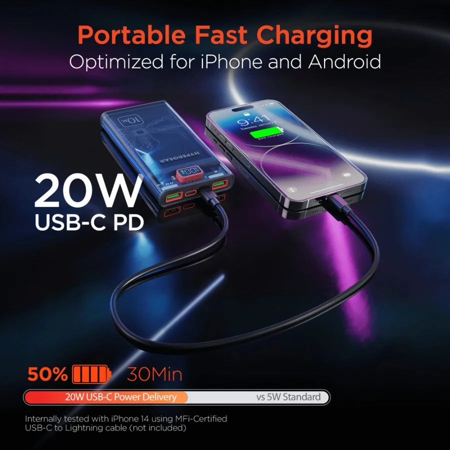 Banco de potência PD transparente HyperGear ClearCharge 10000mAh