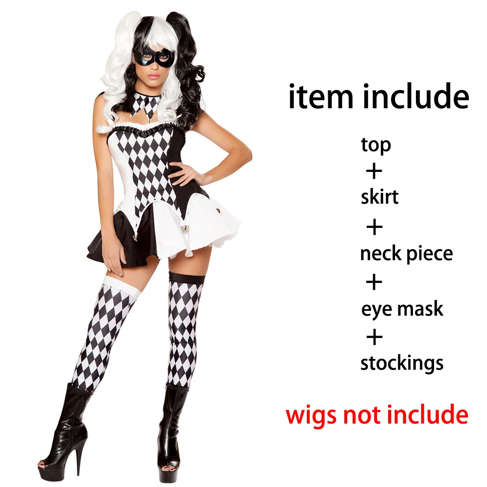 Adult Women Naughty Clown Costume Jester Joker sexy outfit Harlequin Halloween Sinister Circus Hen Party Fantasia Fancy Dress