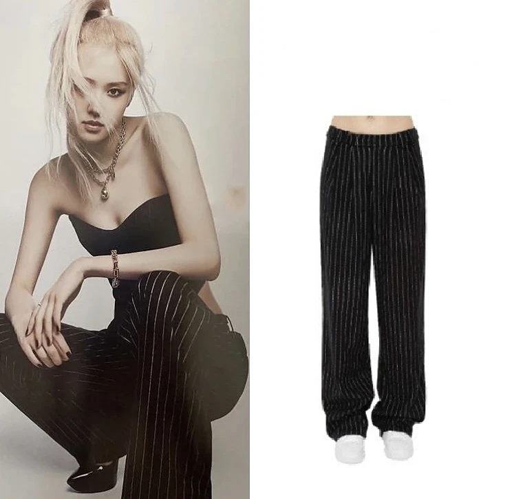 

Kpop ROSE Korea New Streetwear Fashion Black Loose Striped High Waist Suit Pants Women Vintage Wide Leg Casual Straight Trousers