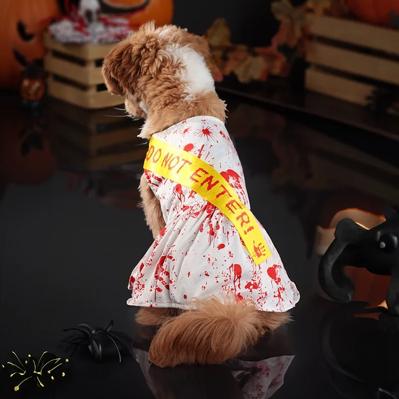 Spray Blood Halloween Dress for Small Medium Dogs Party Wear Four Legs Pet Overalls Do Not Enter Seal Chihuahua Cat Clothing