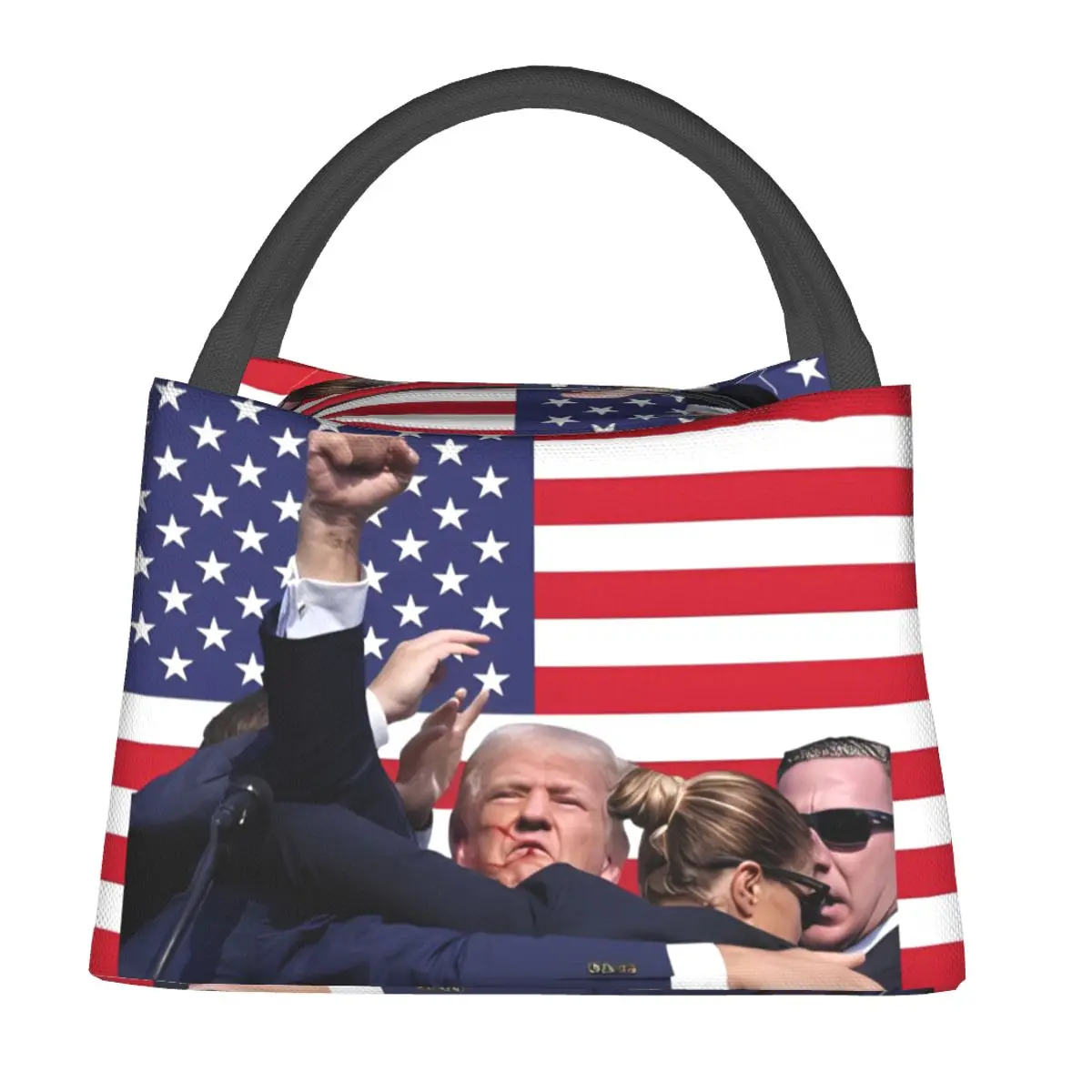 Support Donald Trump Rally Shooting Lunch Bag Portable Canvas Cooler Fighting To Save America Thermal Food Picnic Work Lunch Box