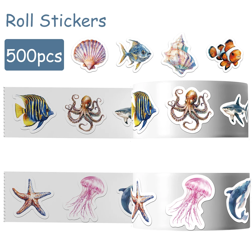 500pcs Marine Organism Roll Stickers Decals For Laptop Scrapbook Suitcase Skateboard Helmet DIY Aesthetic Stickers Creative Gift