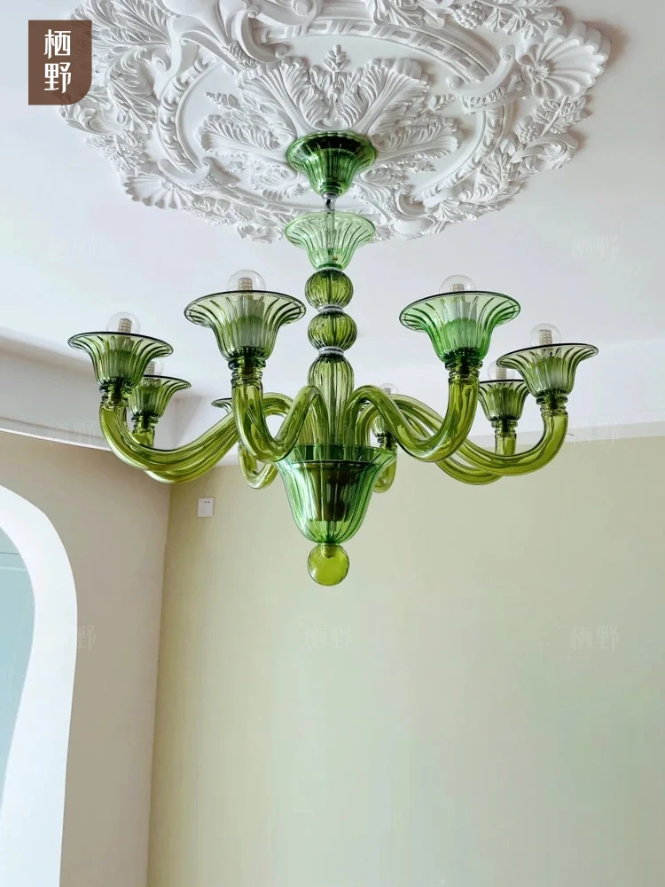 French Elegant Green Candle Pendant Glass Light Luxury Retro Restaurant, Living Room, Bedroom Pendant Light