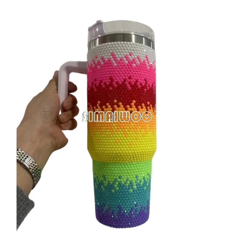 Gradient Ice DrinkTumbler Double Layer Vacuum Thermal Insulation Handle Cup Rhinestone Handmade Mosaic Art Bling Shining Gift