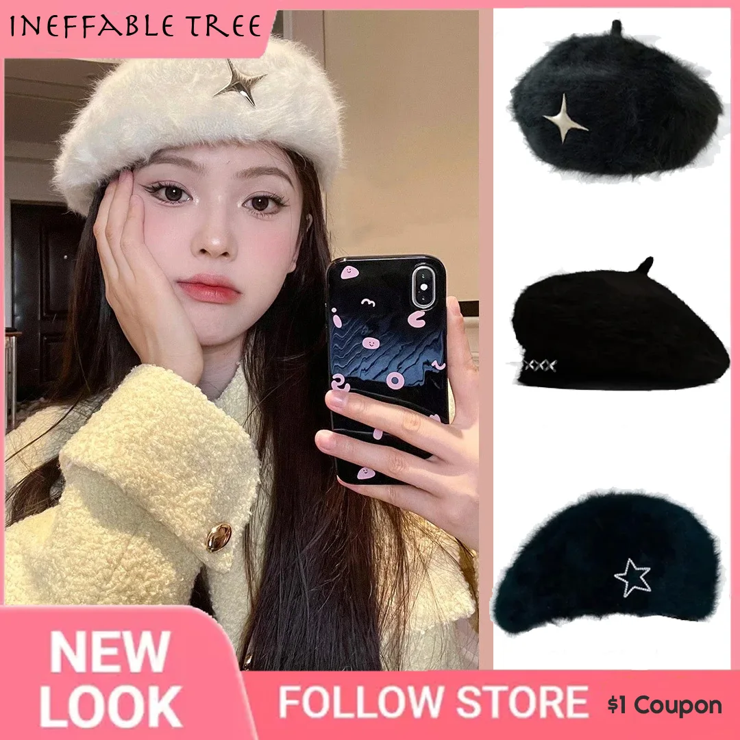 

Korea Fur Brilliant Diamonds Star Beret Hat for Women Plush Warm Painter Cap Ladies Berets Casual Streetwear Sombrero Hombre