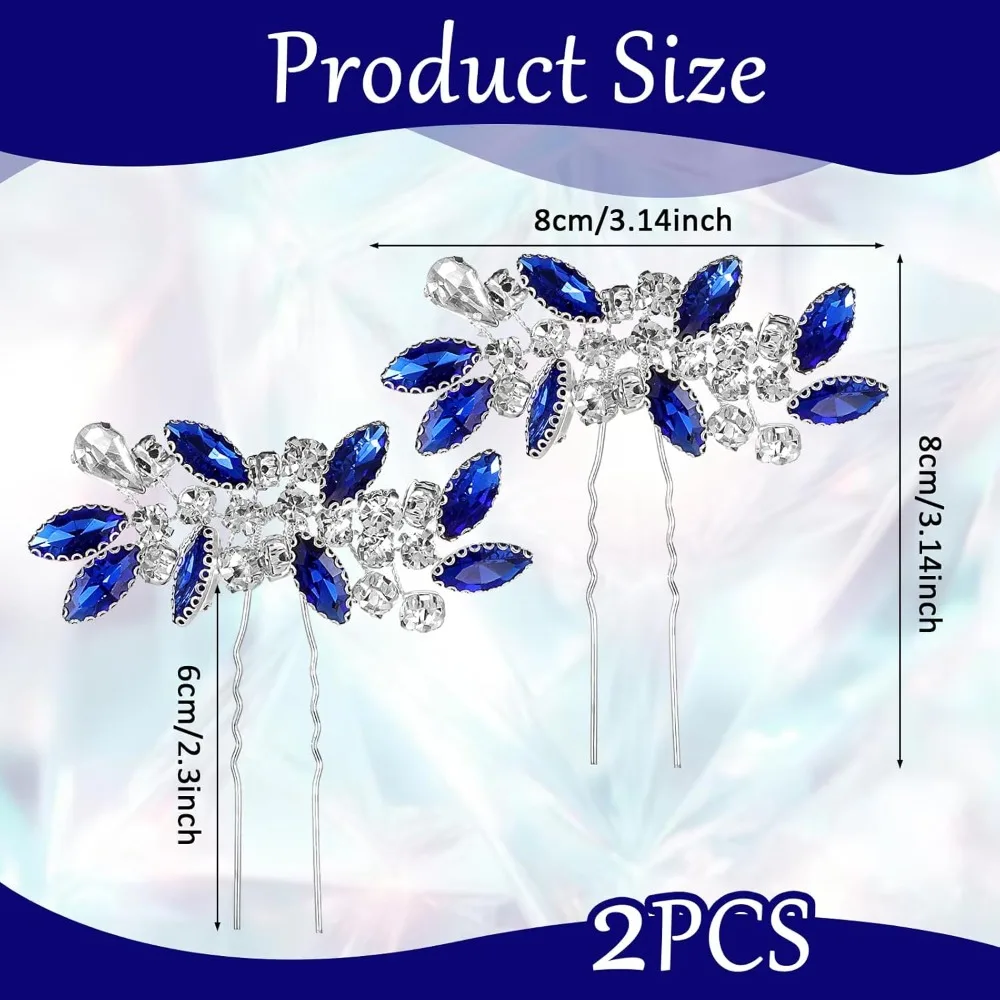دبابيس شعر الزفاف الكريستالية، قطعتان من قطعة شعر الزفاف من حجر الراين الأزرق، مشط شعر كريستالي عتيق، دبوس شعر لتصفيف الشعر #6