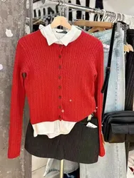2025 Autumn Winter New Vintage Red Women Sweater Solid Color Slim Simple Knit Cardigan Single Breasted Casual Coat Sweet Jacket