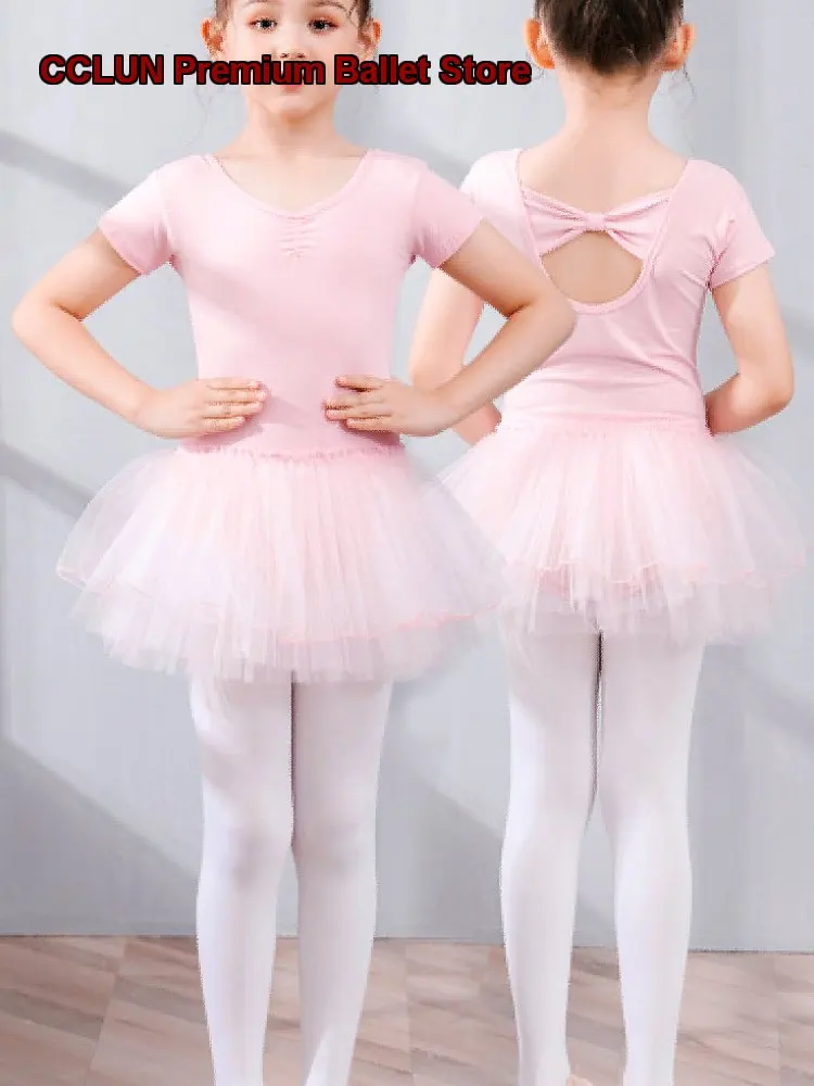 Girls' Children's Dance Practice Leotard Short Sleeves Body Suit Kindergarten Chinese Dance Tutu Kids Summer