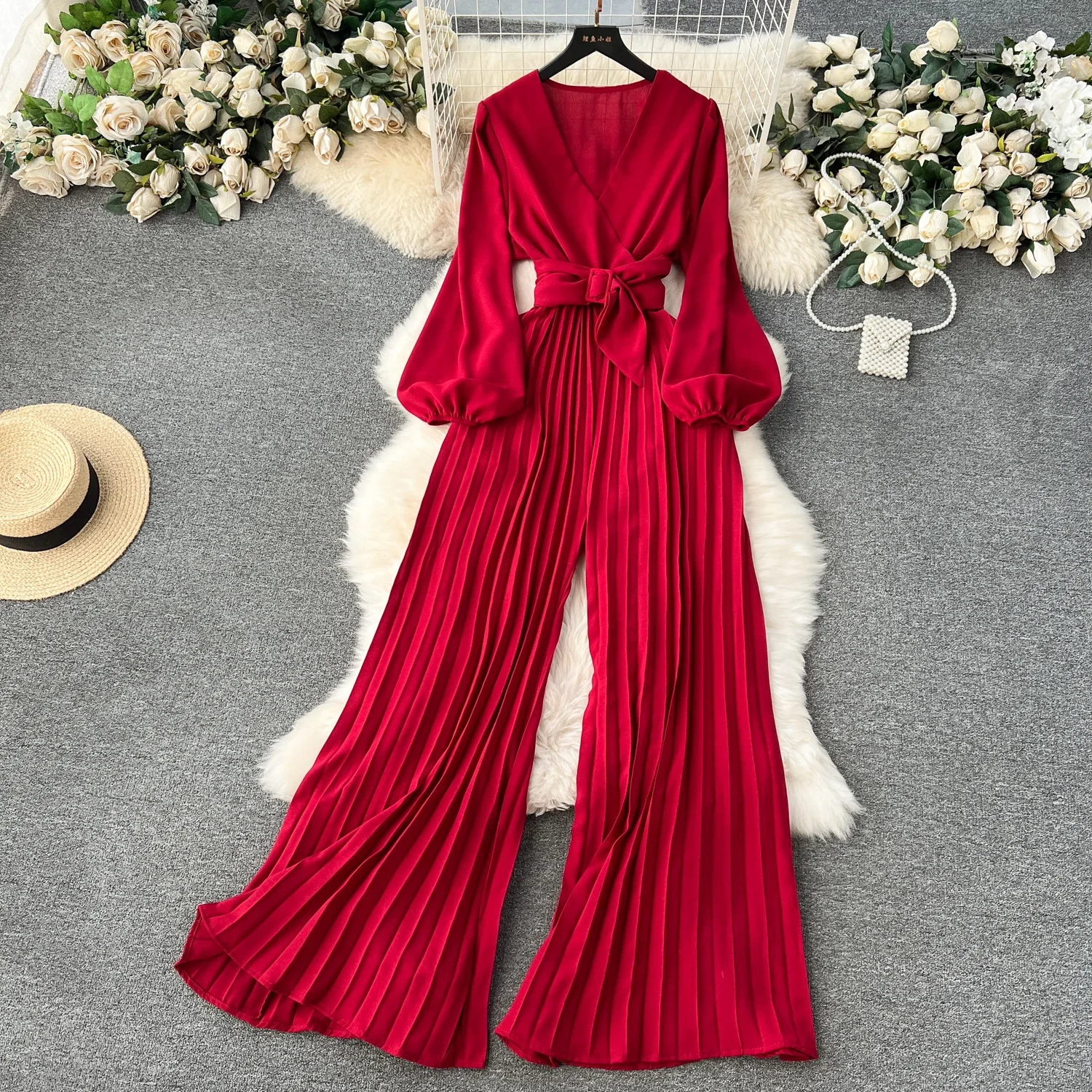 Chic Vintage V Neck Lace Up Pleated Long Sleeve Jumpsuit Elegant High Waist Romper Casual Wide Leg Pants Autumn Women Playsuit