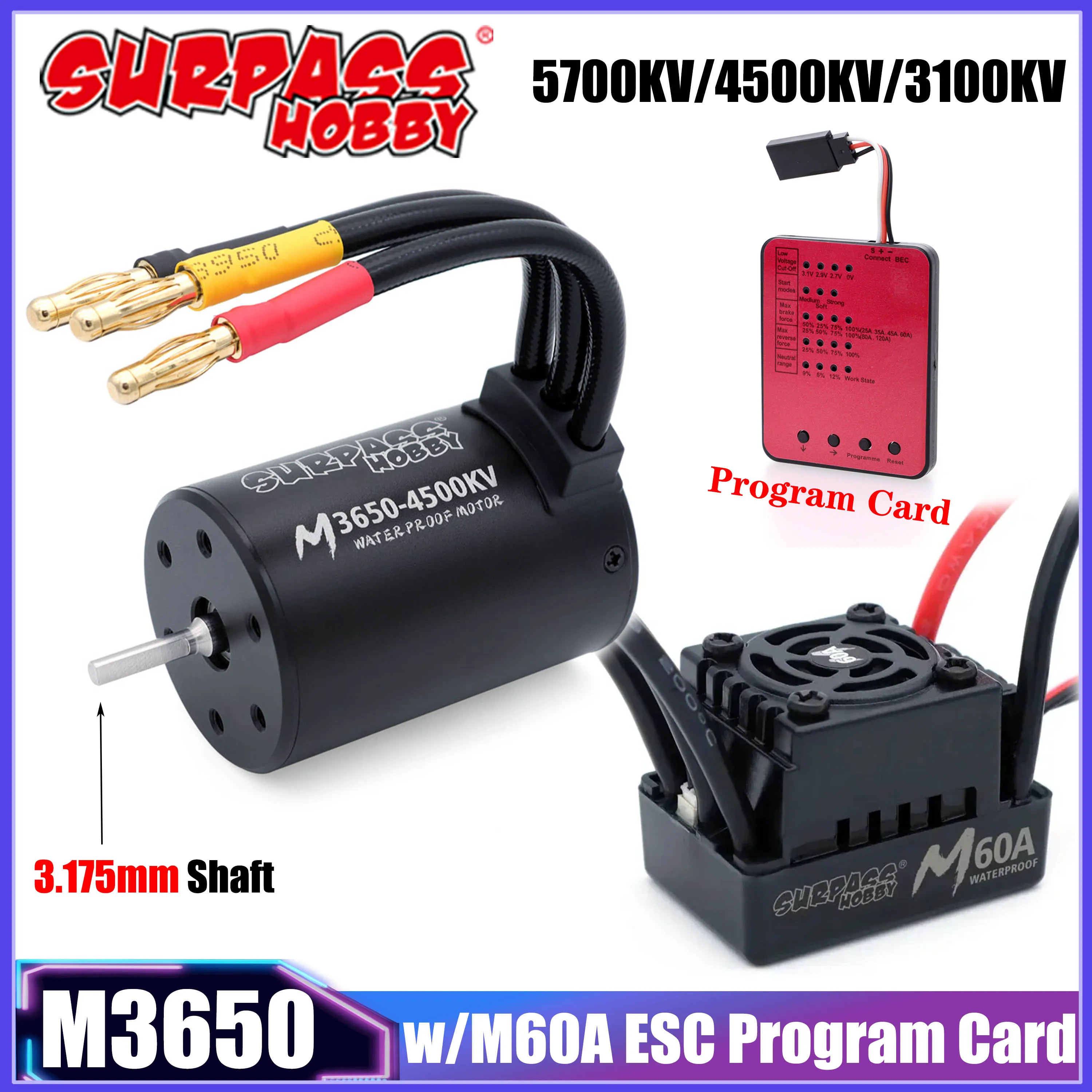 

SURPASS HOBBY M3650 5700KV 4500KV 3100KV Waterproof Brushless Motor with M60A ESC Program Card Combo for 1/10 RC Car Truck Parts