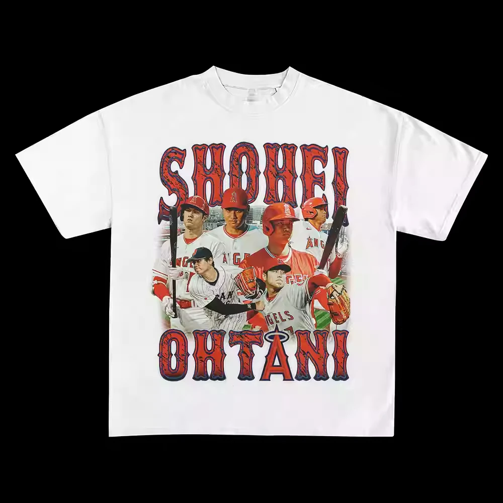 

Otani Sho-hei American Vintage Figure Print Small Neckline Short-sleeved T-shirt Men and Women Alike Cotton Short Sleeve