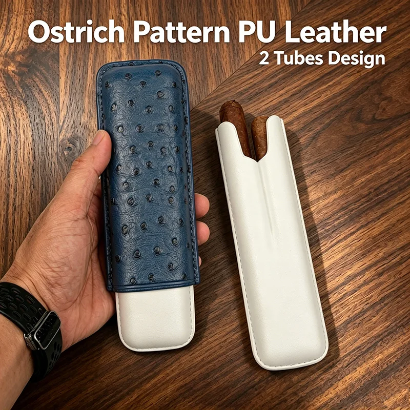 Ostrich Pattern PU Leather Cigar Case 2 Tubes Fits 6.75in/54 Ring Travel Cigar Holder Gift for Men