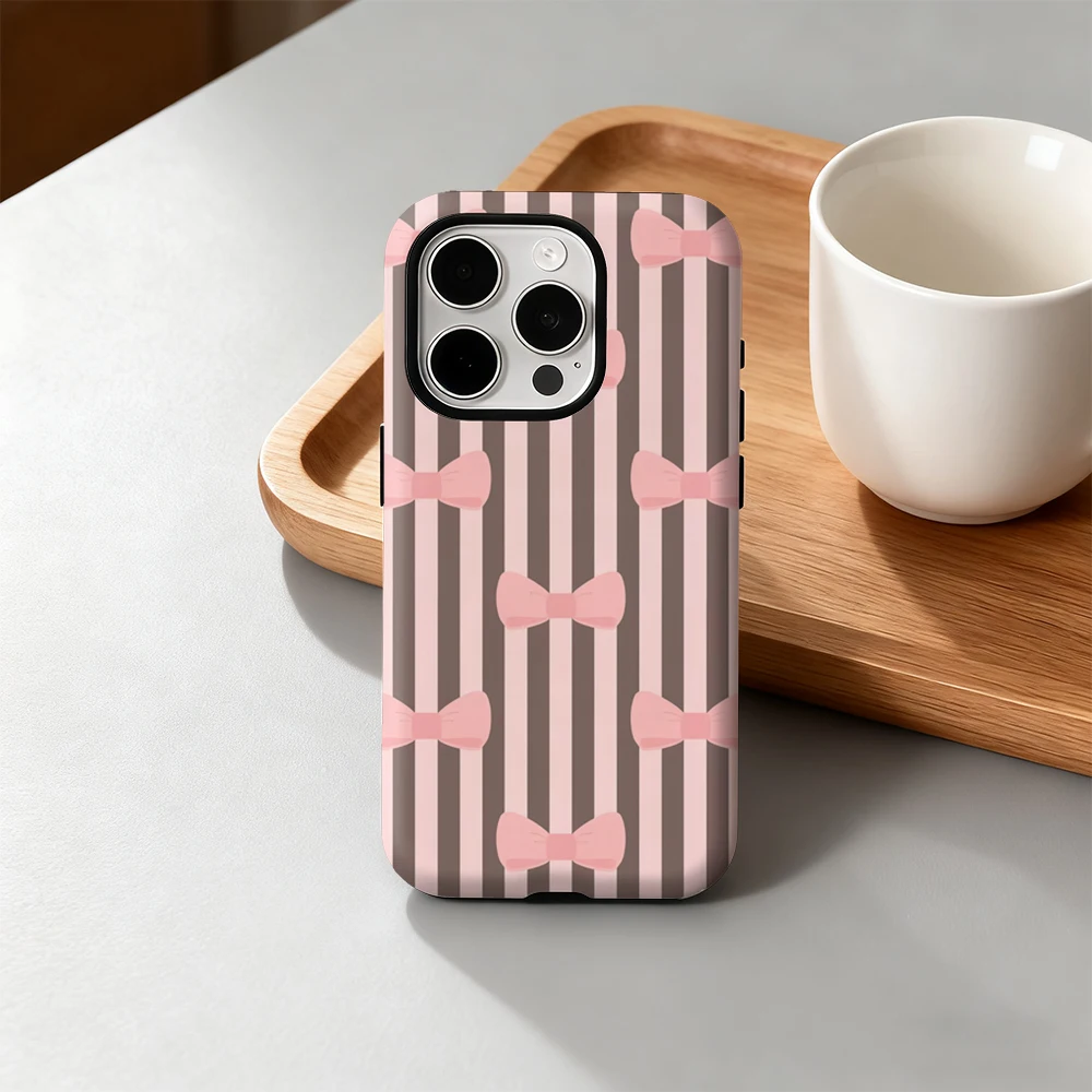 

Luxury Bow Stripes Phone Case for iPhone 17 16 15 14 13 12 11 Pro Max Air Plus Luxury Double-layer Back Cover