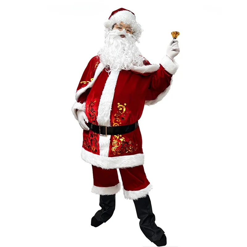 Santa Claus Costume Adult Men Christmas Outfit Beard Hat Set Stage Carnival Suit Xmas Party Wear Festive Holiday Disfraz Navidad