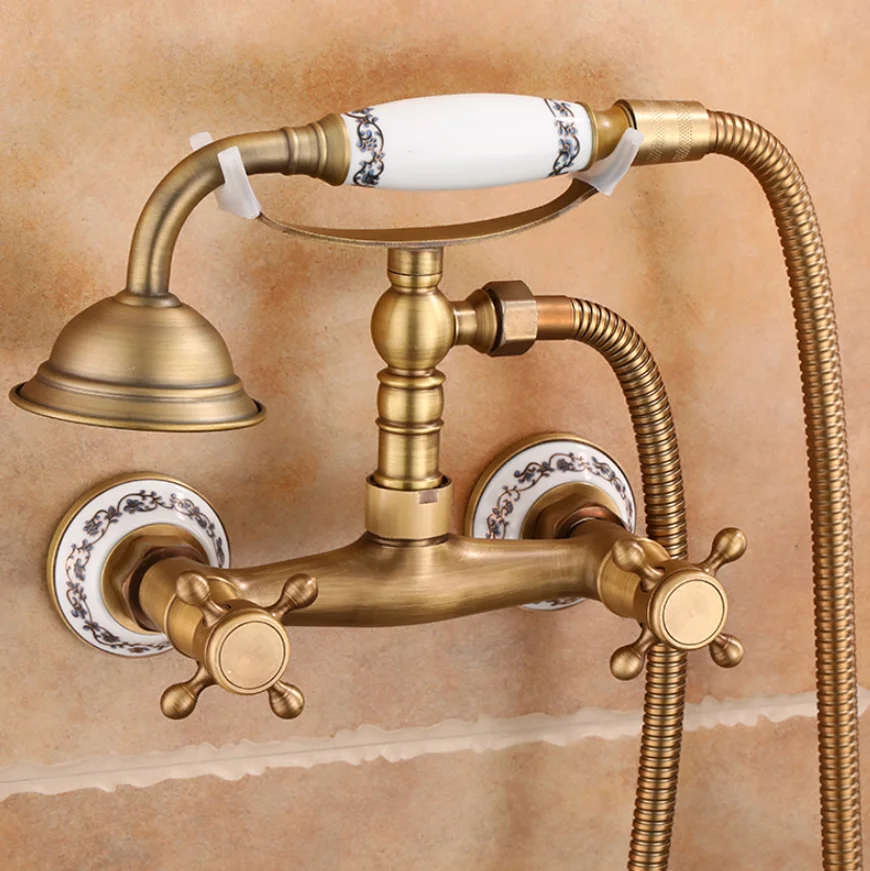 Brass antique-style bathroom shower set, including a faucet and a showerhead, suitable for home use,