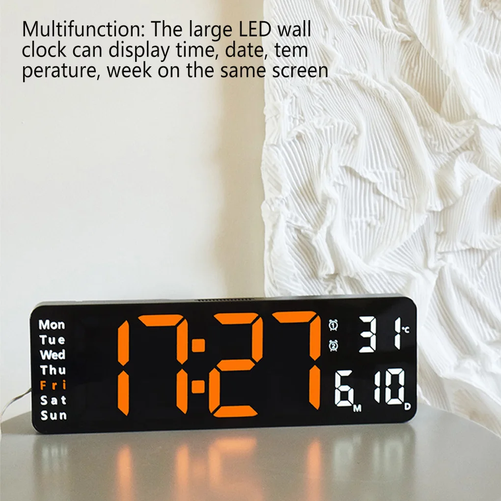 13inch Digital Wall Clock Remote Control Temperature Date Dual Alarms Power Off Memory Wall-mounted Thermometer Alarm Clock