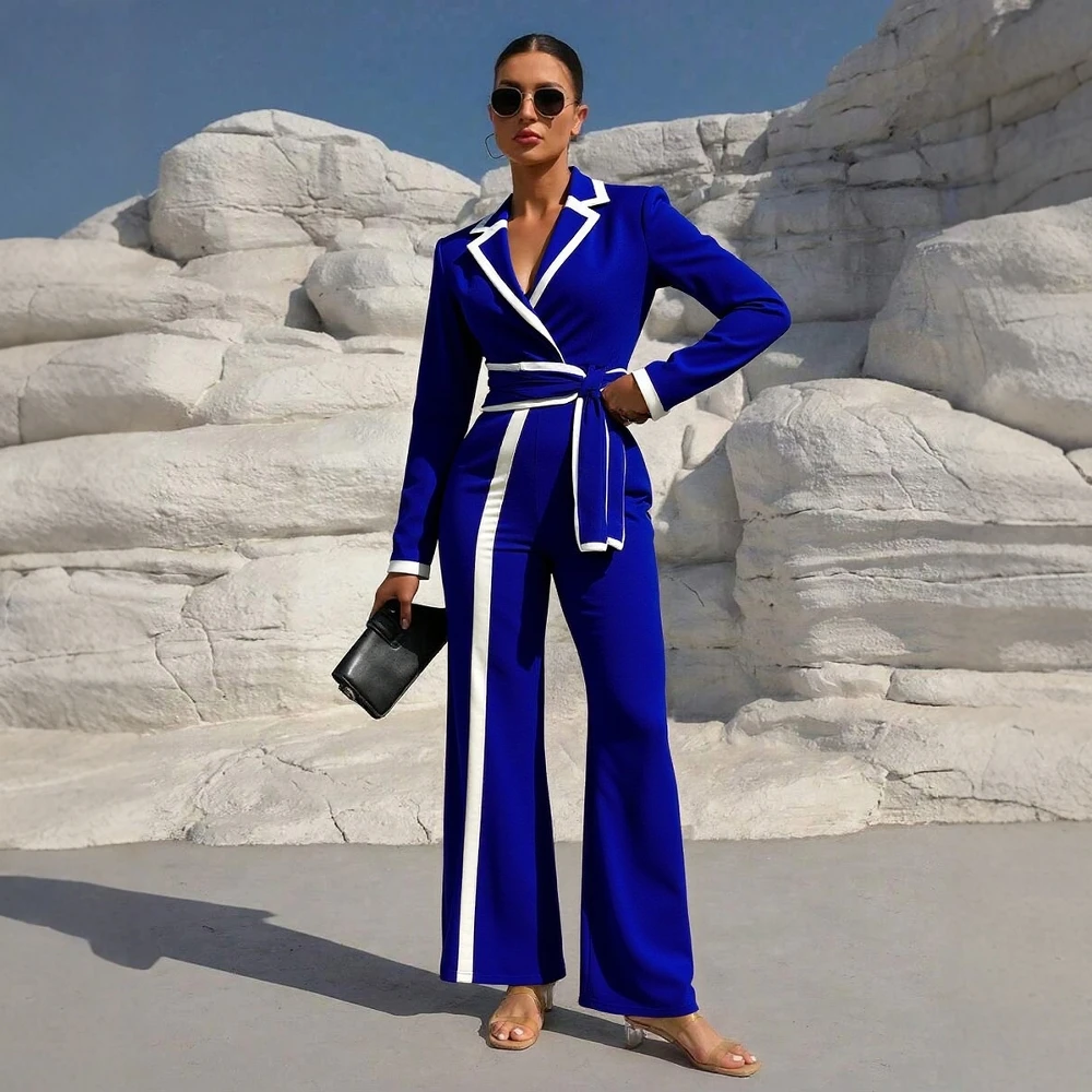 

Women's Wide-Leg Jumpsuit V-Neck Long Sleeve Design Plus Size One Piece For Women Piping Detail Ankle-Length Chic Mia Muse