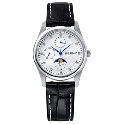 BERNY Women's Watches Calendar Date Week Real Moon Phase Quartz Women Watch Leather Strap Elegant Casual Ladies Girl Wristwatch