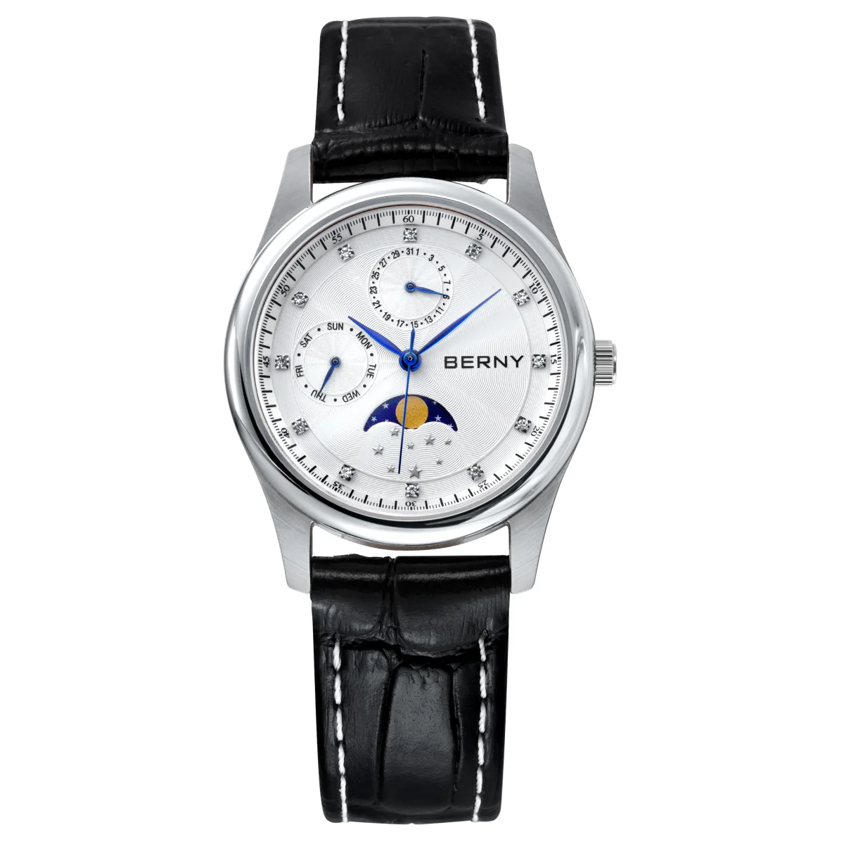 BERNY Women's Watches Calendar Date Week Real Moon Phase Quartz Women Watch Leather Strap Elegant Casual Ladies Girl Wristwatch