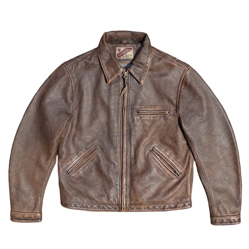 Men's Distressed Brown Stone-Washed Cowhide Leather Collared leather Jacket Detroit New Style Amekaji Workwear big size coat