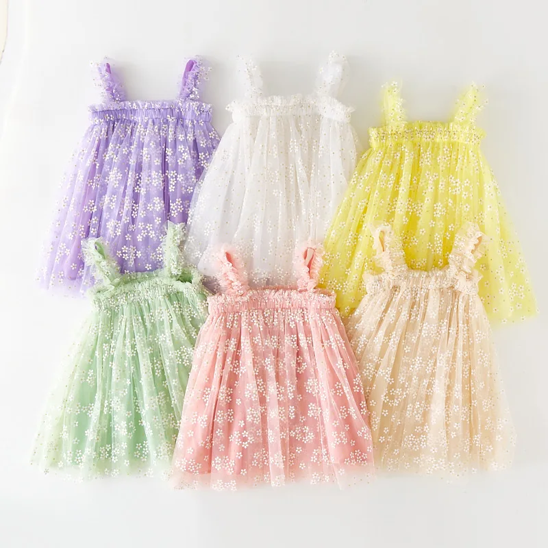 Fashion New Baby Girl Clothes Solid Colour Cute Suspenders Small Floral Mesh Baby Girl Dress Sweet Princess Skirt Party Dresses