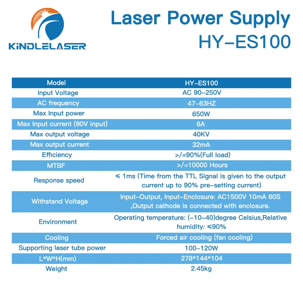 KINDLELASER 100-alimentazione elettrica del Laser di CO2 di 120W 100W HY-ES100 per la tagliatrice dell'incisione Laser di CO2 serie ES