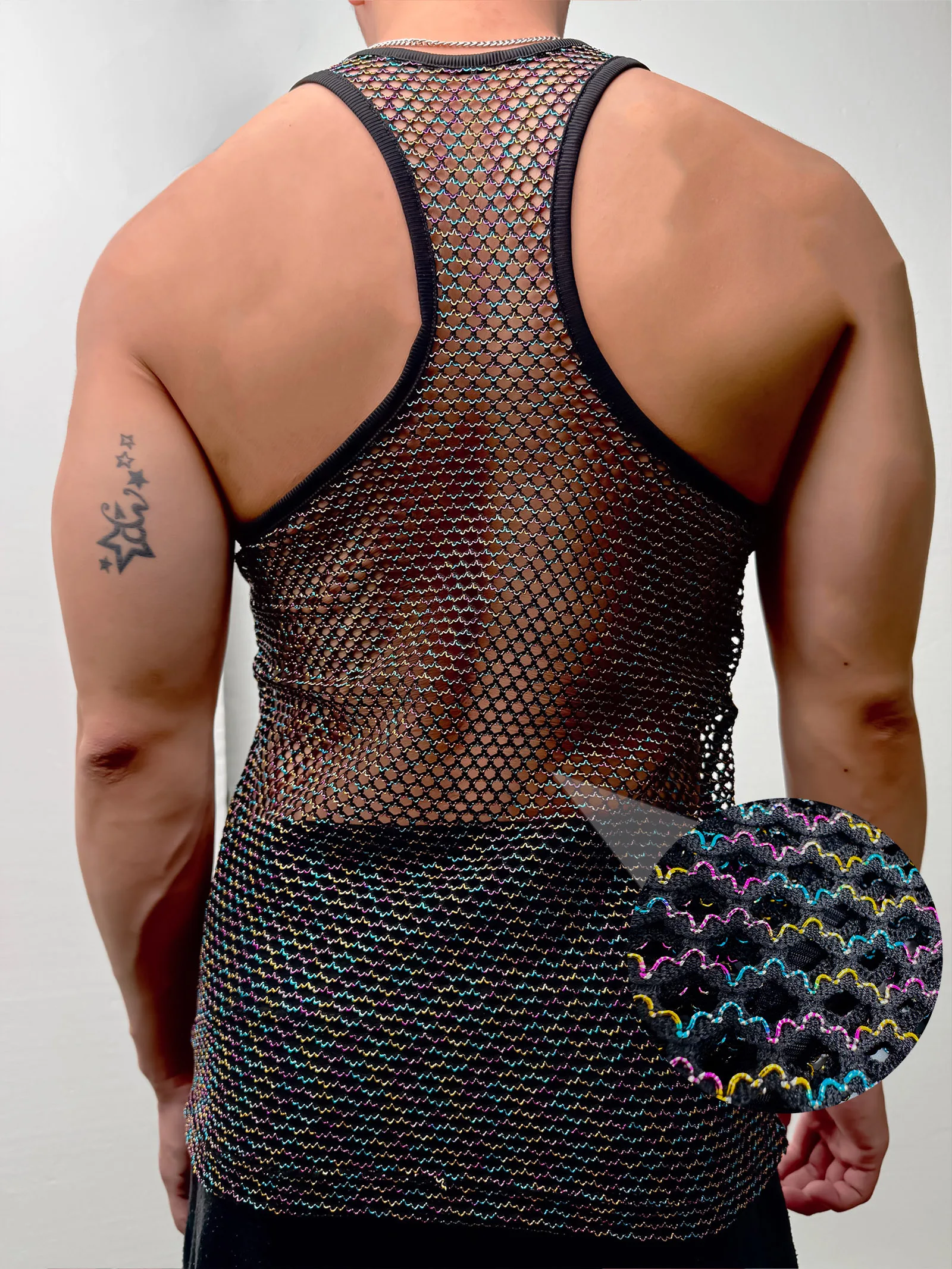 Sports Mesh Tank Top Men Racerback Sleeveless Shirt Gym Fitness Running Muscle Vest Colorful Line Sheer Fishnet Tops