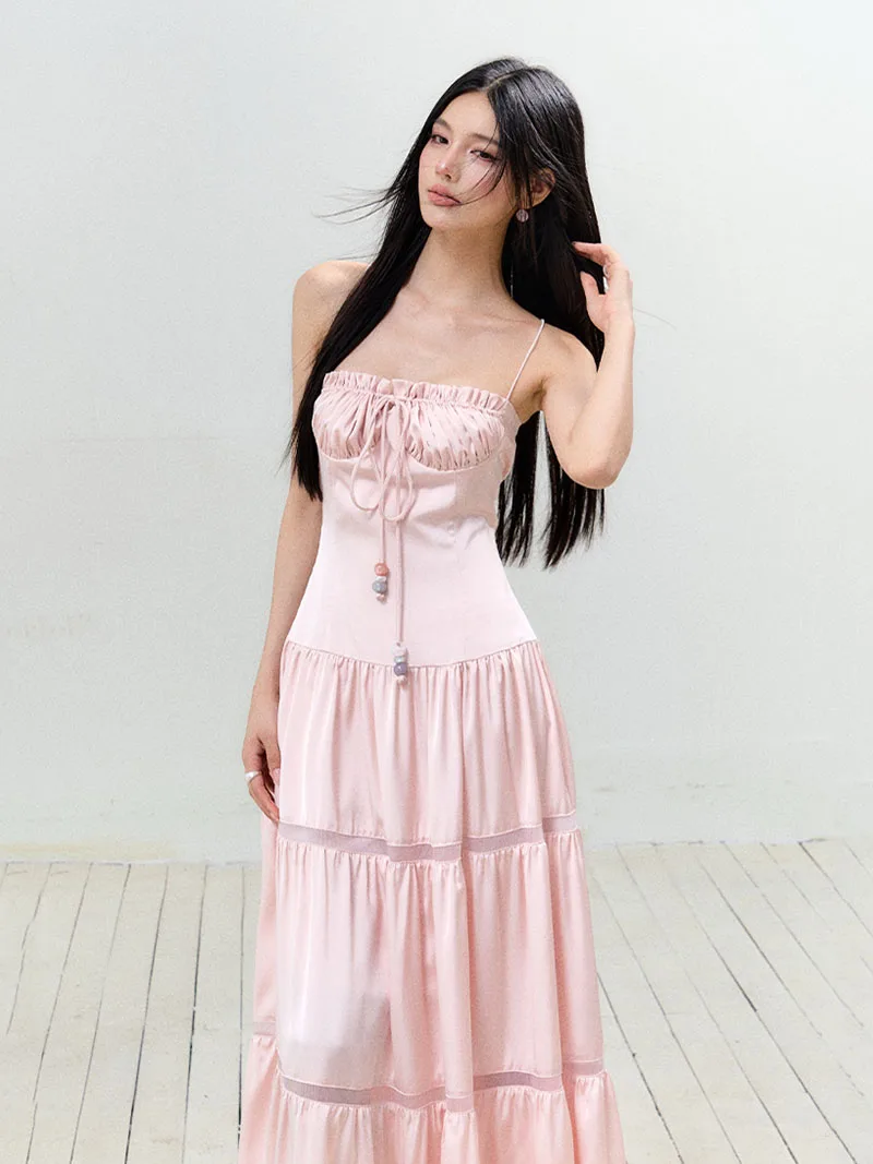 REDDACHiC โรแมนติกสีชมพูซาตินผู้หญิง Cami ชุดโบว์ครอสโอเวอร์กลับปิดไหล่ Hollow Out Maxi ยาวชุดราตรีอย่างเป็นทางการ